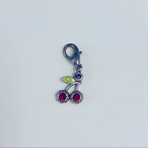 cherry charm‎ red rhinestone green enamel leaf silver tone dangle charm bracelet